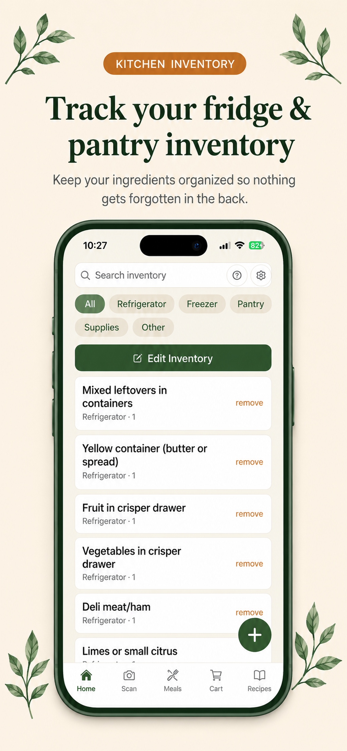 ShelfCentered kitchen inventory screen