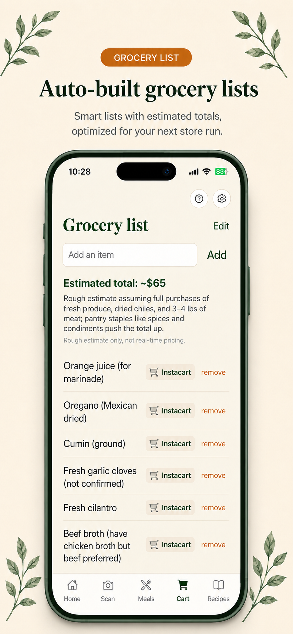 ShelfCentered grocery list screen