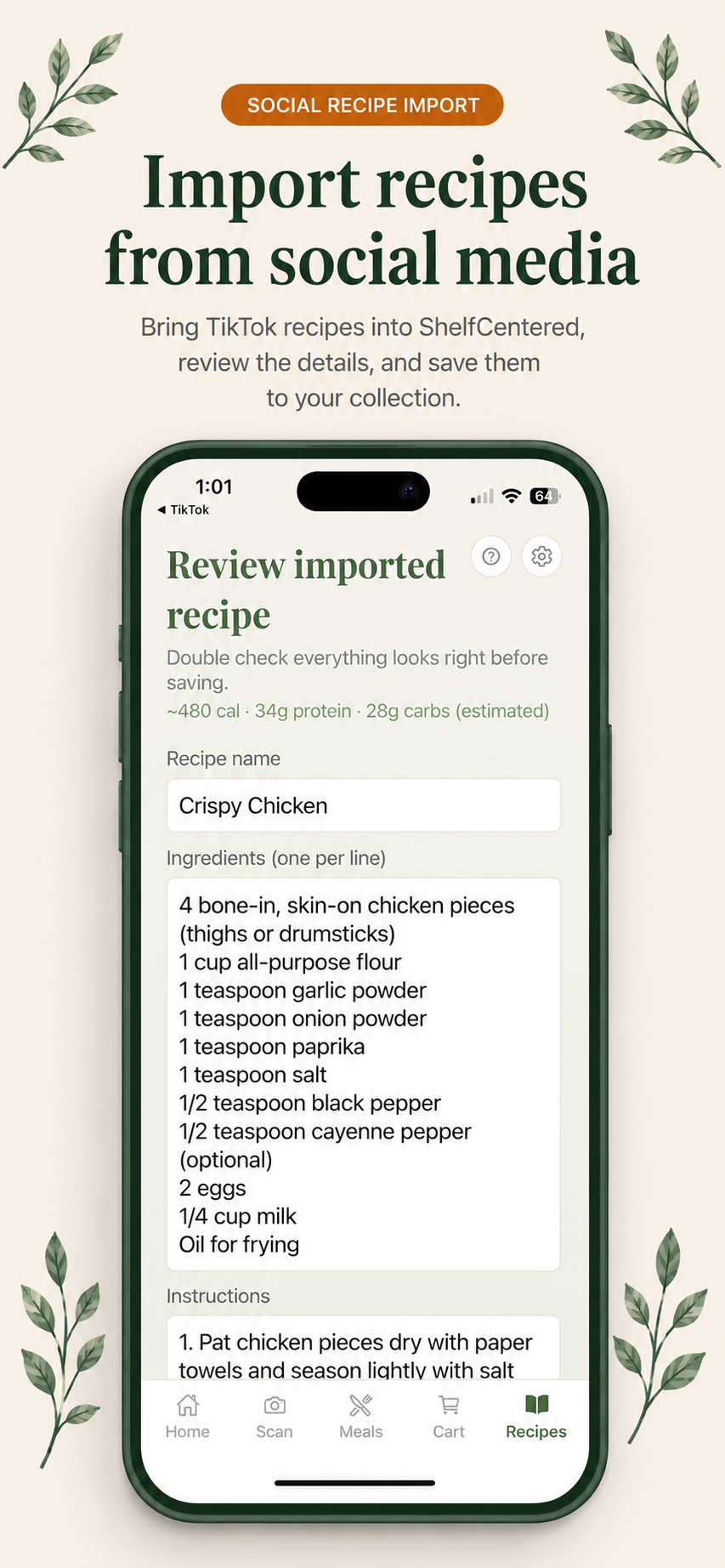 ShelfCentered import recipe from TikTok and Instagram screen